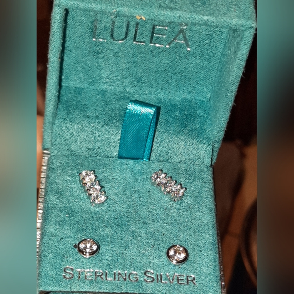 NWT Solid Sterling Silver Lot of Two Pairs CZ Earrings Trinity & Solitaire Gift